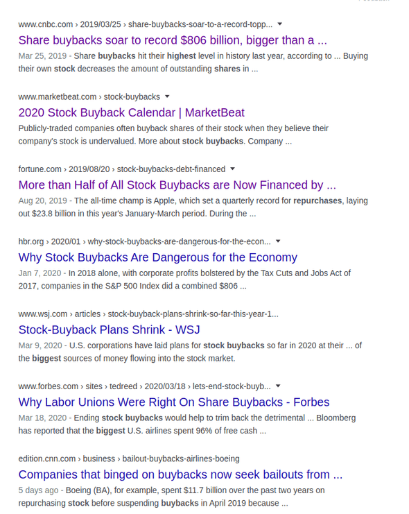 Googlesøk på "biggest stock buybacks" 29. mars 2020. (del 2)