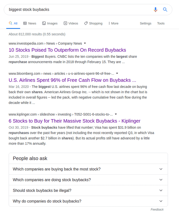 Googlesøk på "biggest stock buybacks" 29. mars 2020. (del 1)