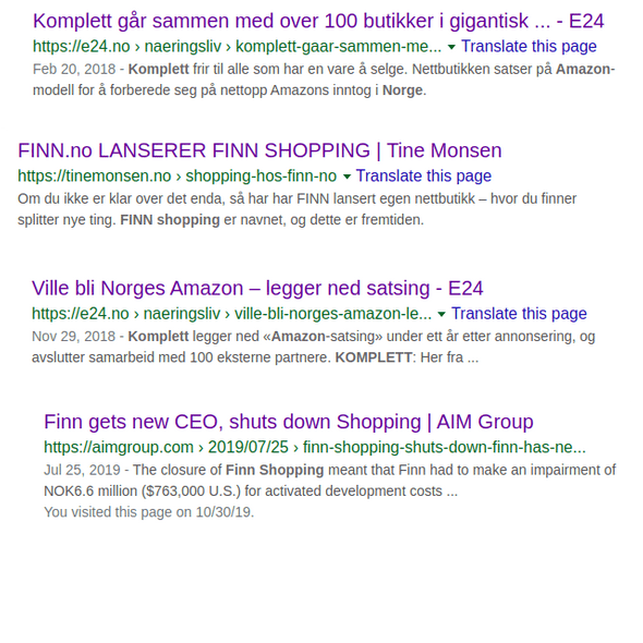 Søkemotorresultater som viser at Finn og Komplett startet et shoppingtjeneste i 2018 som de fort la ned igjen.